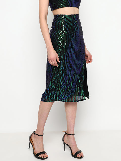 Bella Emerald Green Sequin Darted Midi Skirt