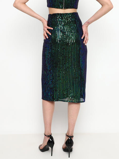 Bella Emerald Green Sequin Darted Midi Skirt