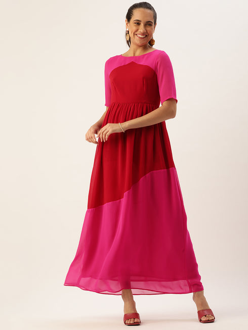 CAMILLA RED COLOUR-BLOCK BOAT NECK MAXI DRESS