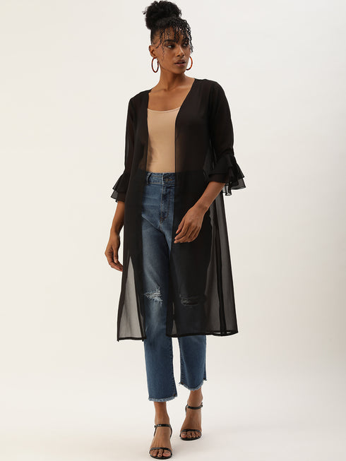 BLACK SHEER OPEN FRONT LONGLINE SHRUG