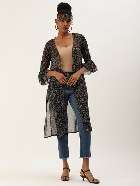 BLACK PRINTED SHEER OPEN FRONT LONGLINE SHRUG