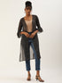 BLACK PRINTED SHEER OPEN FRONT LONGLINE SHRUG