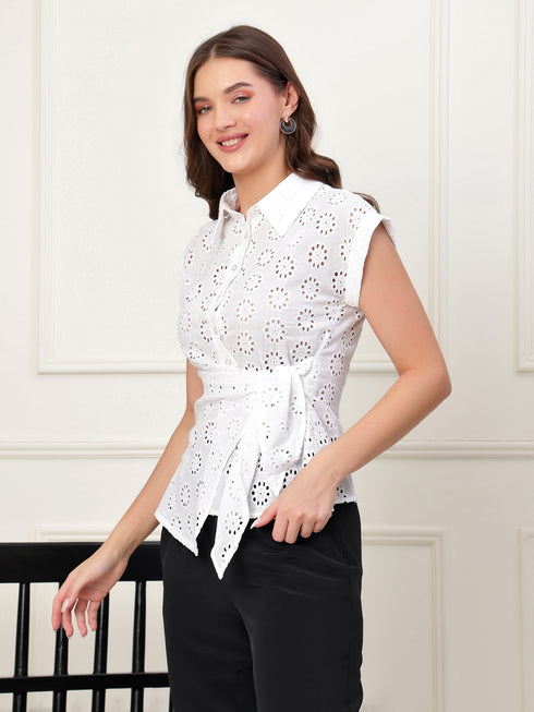 Gwen White Schiffli Tie Waist Shirt
