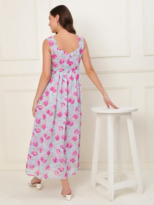 Marilyn Sky Blue Scallop Neck Pleated Maxi Dress