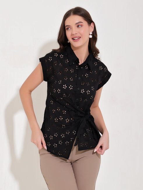 Gwen Black Schiffli Tie Waist Shirt