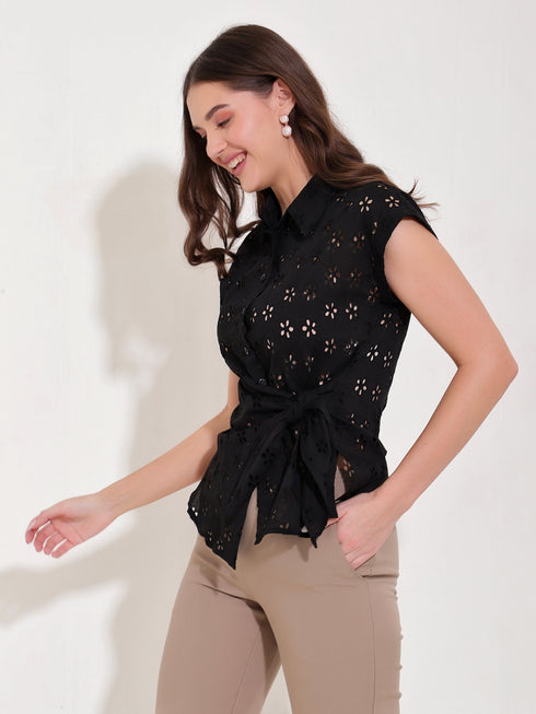 Gwen Black Schiffli Tie Waist Shirt