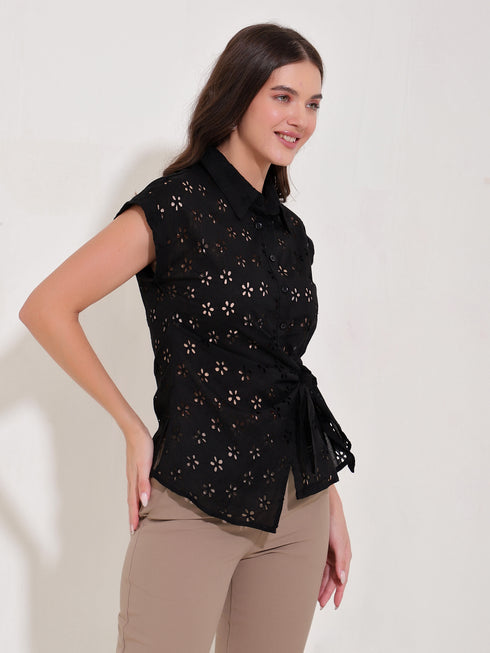 Gwen Black Schiffli Tie Waist Shirt