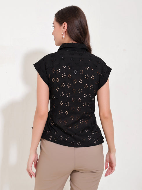 Gwen Black Schiffli Tie Waist Shirt