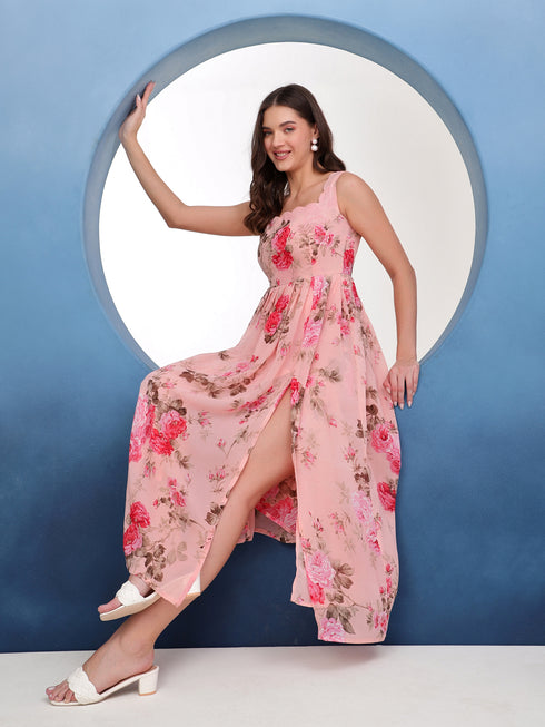 Marilyn Peach Scallop Neck Pleated Maxi Dress