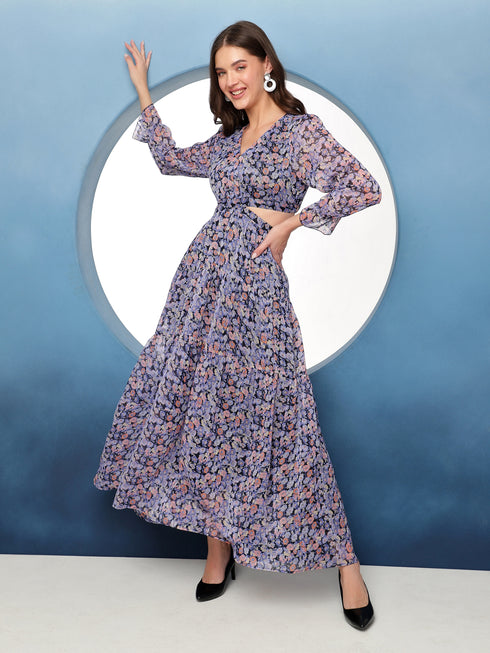 Dorothy Lurex Blue Cut Out Waist Maxi Dress