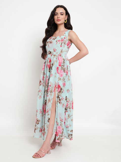 Marilyn Sea Green Scallop Neck Pleated Maxi Dress