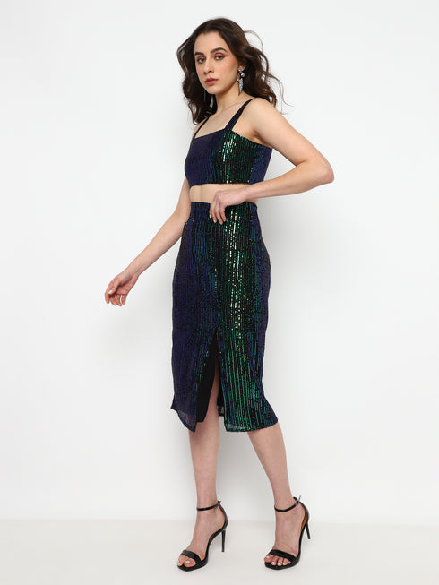 Fae Emerald Green Sequin Metal Zip Crop Top