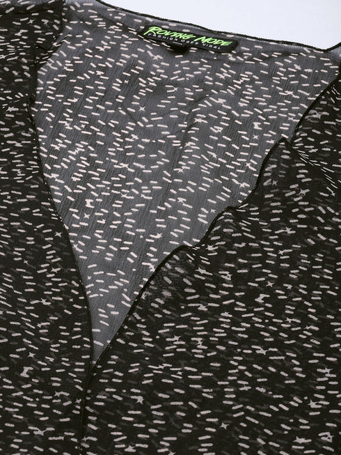 BLACK PRINTED SHEER OPEN FRONT LONGLINE SHRUG