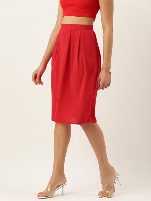 RED MOSS CREPE BOX PLEAT MIDI SKIRT
