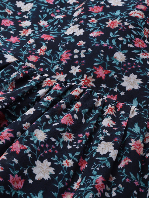 ELISA NAVY FLORAL GEORGETTE BOW BACK MINI DRESS