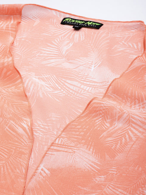 PINK TROPICAL PRINTED SHEER OPEN FRONT LONGLINE SHRUG