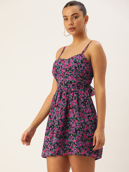 ELISA MULTI FLORAL GEORGETTE TIE BACK MINI DRESS