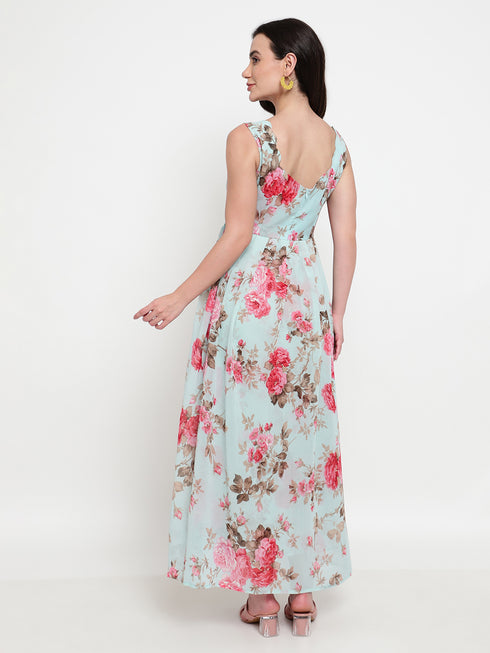 Marilyn Sea Green Scallop Neck Pleated Maxi Dress