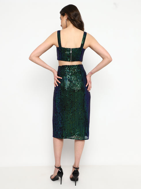 Fae Emerald Green Sequin Metal Zip Crop Top