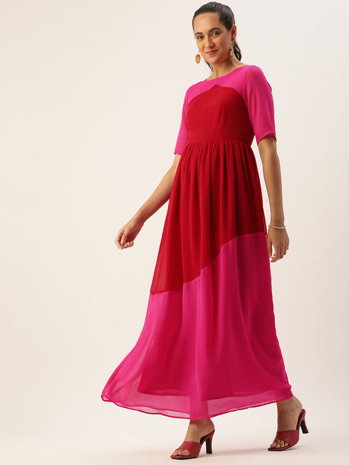CAMILLA RED COLOUR-BLOCK BOAT NECK MAXI DRESS