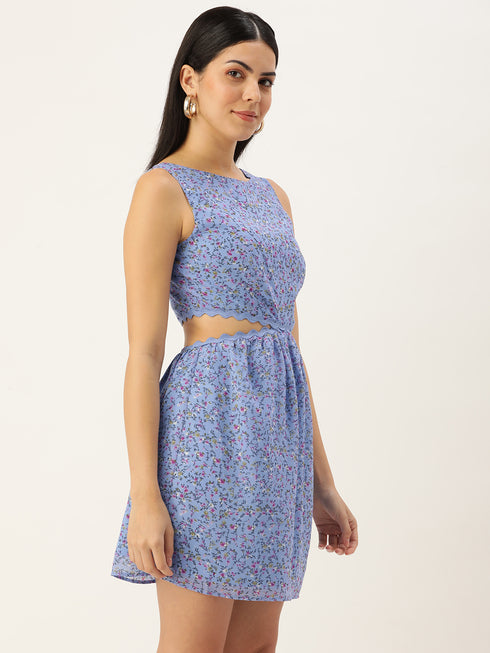 KIMBERLY BLUE FLORAL CUT OUT WAIST MINI DRESS