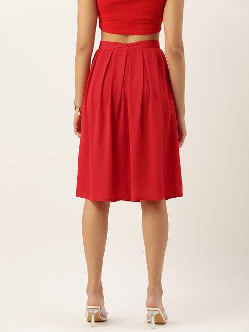 RED MOSS CREPE BOX PLEAT MIDI SKIRT