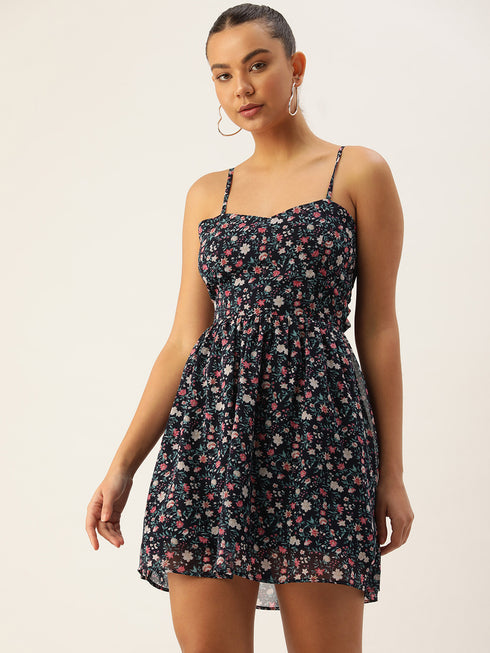 ELISA NAVY FLORAL GEORGETTE BOW BACK MINI DRESS