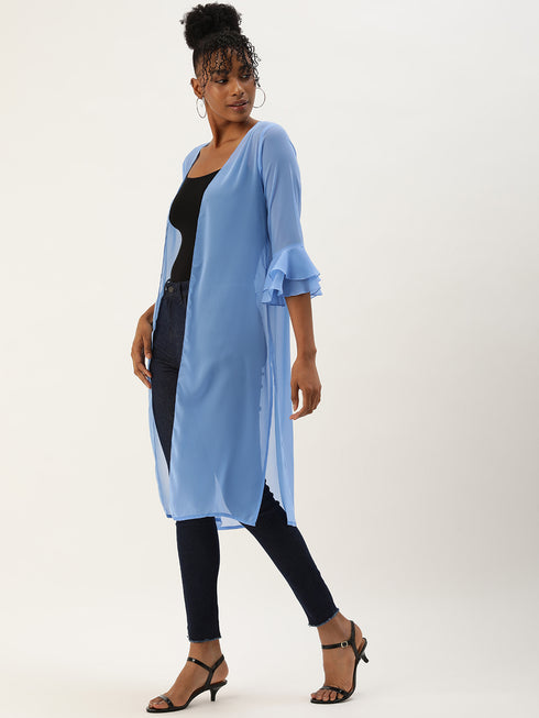 SKY BLUE SHEER OPEN FRONT LONGLINE SHRUG