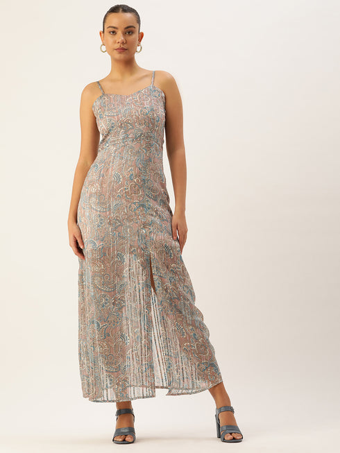 Kiara Grey Lurex Spaghetti Front Slit Maxi Dress
