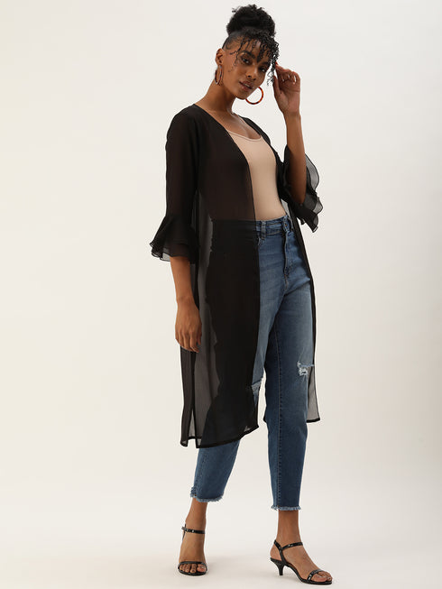 BLACK SHEER OPEN FRONT LONGLINE SHRUG
