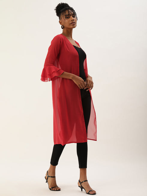 RED SHEER OPEN FRONT LONGLINE SHRUG