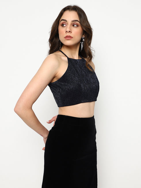Estelle Navy Moonlight Exposed Metal Zip Crop Top