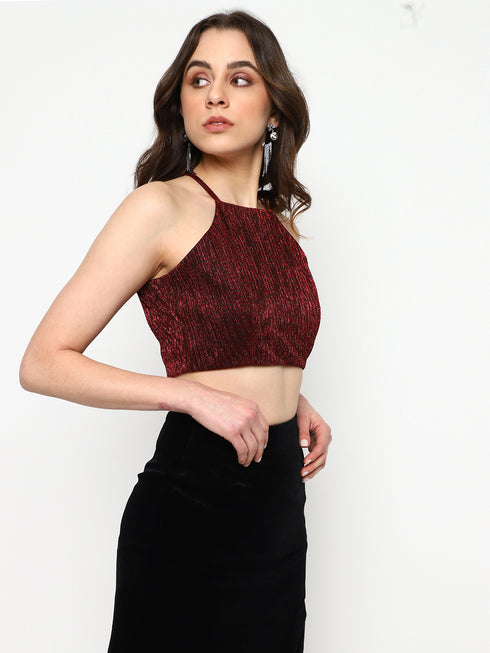 Estelle Wine Moonlight Exposed Metal Zip Crop Top