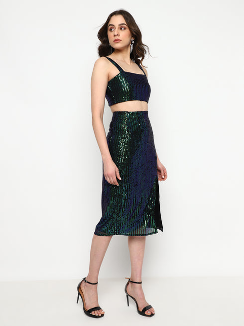 Fae Emerald Green Sequin Metal Zip Crop Top