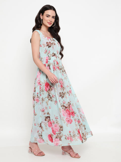 Marilyn Sea Green Scallop Neck Pleated Maxi Dress