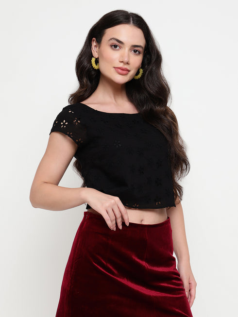 Hazel Black Schiffli Ruched Back Crop Top