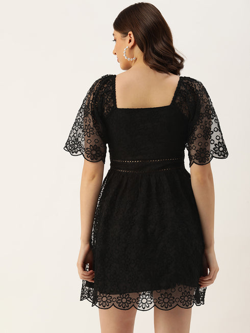 Anna Black Organza Scallop Lace Mini Dress