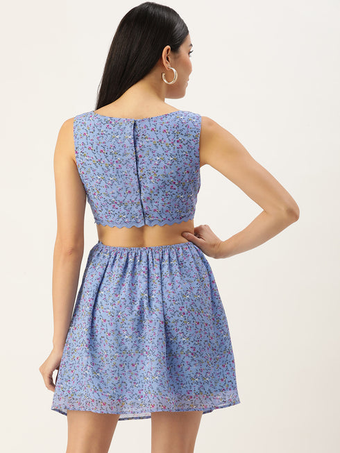 KIMBERLY BLUE FLORAL CUT OUT WAIST MINI DRESS