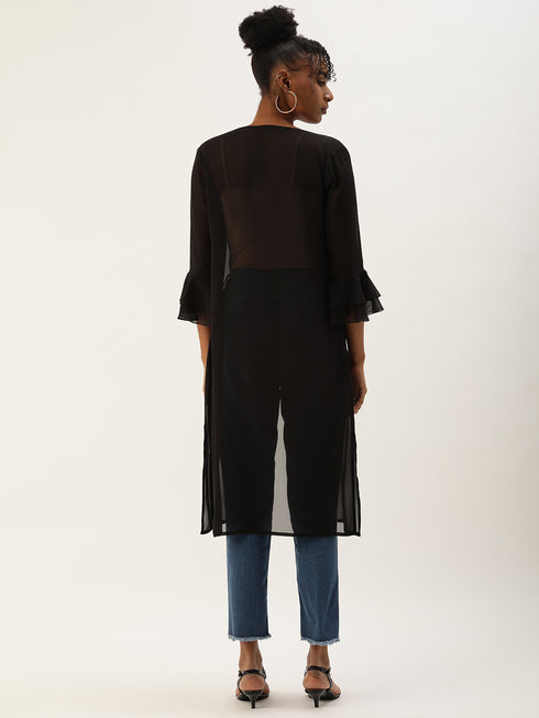 BLACK SHEER OPEN FRONT LONGLINE SHRUG