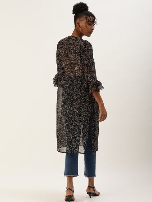 BLACK PRINTED SHEER OPEN FRONT LONGLINE SHRUG