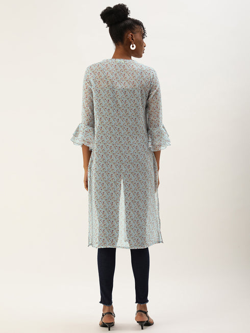 BLUE PRINTED SHEER OPEN FRONT LONGLINE SHRUG