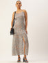 Kiara Grey Lurex Spaghetti Front Slit Maxi Dress