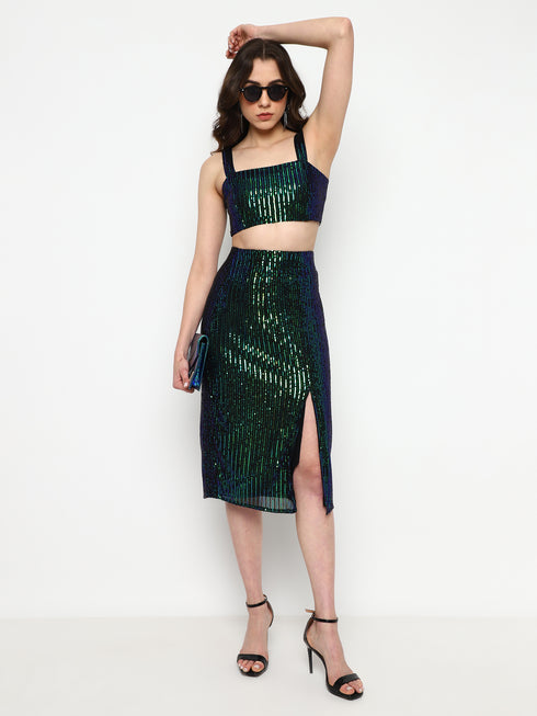 Fae Emerald Green Sequin Metal Zip Crop Top