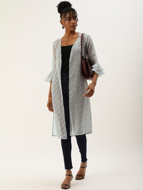 BLUE PRINTED SHEER OPEN FRONT LONGLINE SHRUG