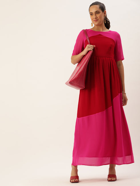 CAMILLA RED COLOUR-BLOCK BOAT NECK MAXI DRESS