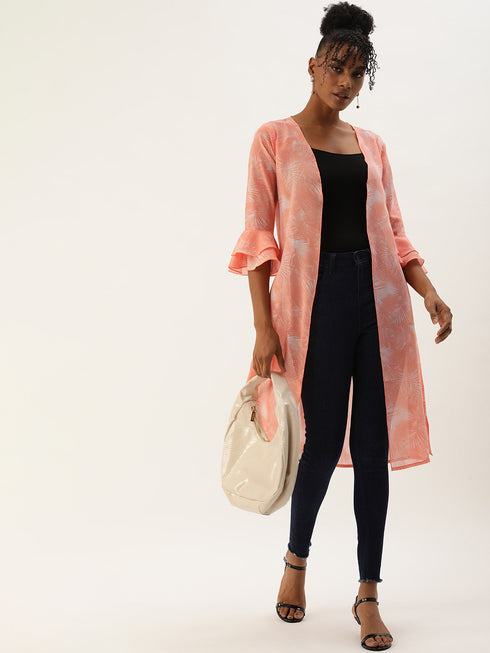 PINK TROPICAL PRINTED SHEER OPEN FRONT LONGLINE SHRUG