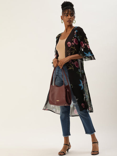 BLACK TROPICAL PRINTED SHEER OPEN FRONT LONGLINE SHRUG