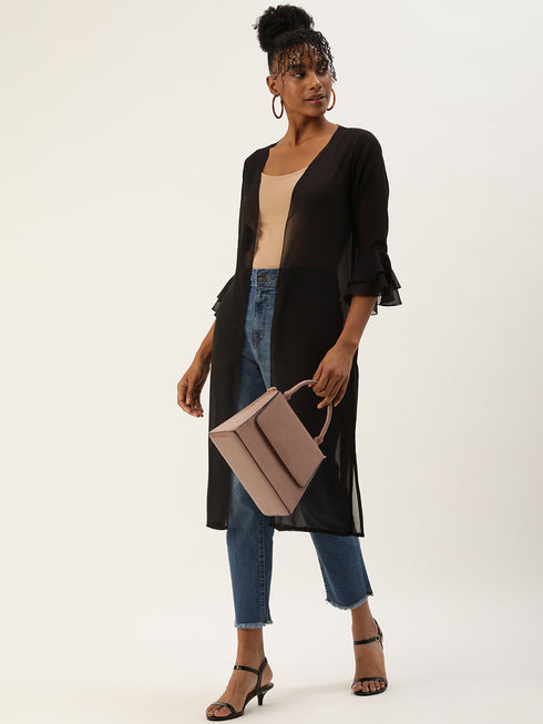 BLACK SHEER OPEN FRONT LONGLINE SHRUG