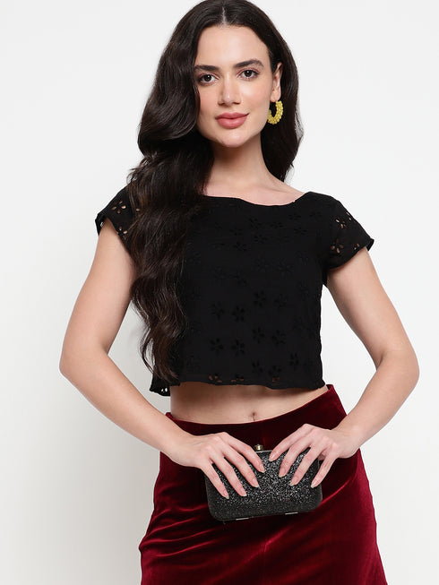 Hazel Black Schiffli Ruched Back Crop Top