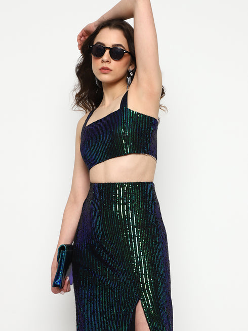 Fae Emerald Green Sequin Metal Zip Crop Top